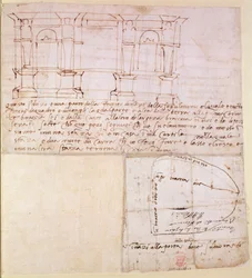 W.23r Architektonische Skizze mit Notizen (Feder und Tinte)